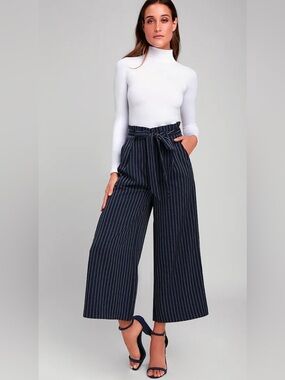 Lulu’s Mason High-Waist Navy Pinstriped Wide Leg Pants with Tie Waist